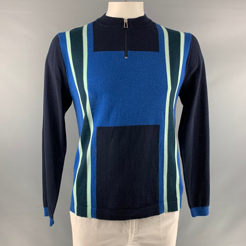 PAUL SMITH Size L Navy Blue Color Block Merino Wool 1/4 Zip Pullover