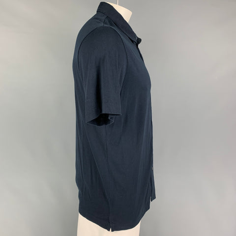 THEORY Size XL Navy Silk Cotton Button Up Short Sleeve Shirt