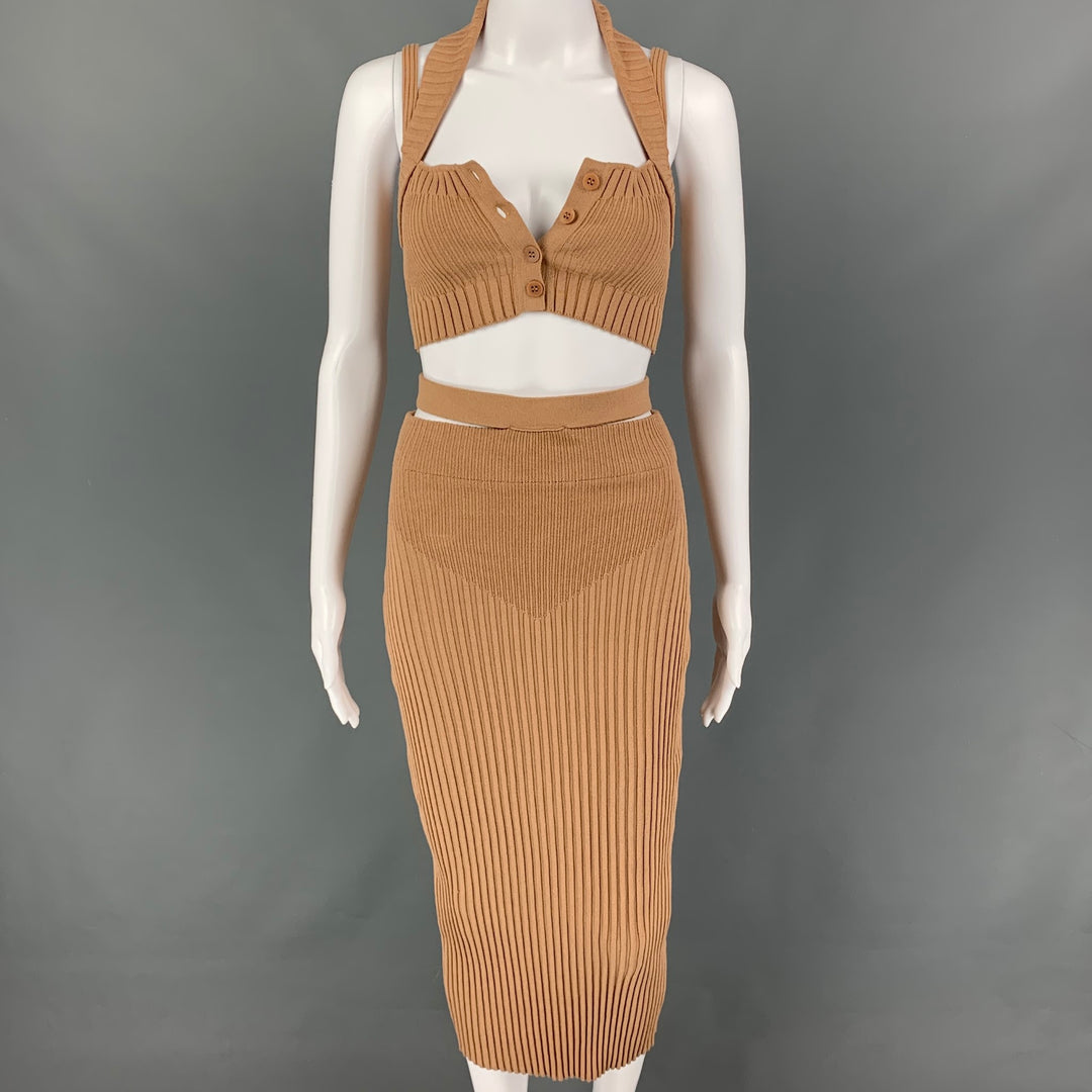 ANDREADA'MO Size S Tan Viscose Blend Ribbed Skirt Set