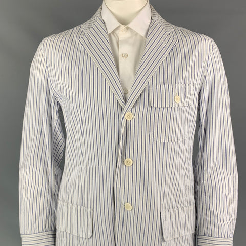 ISSEY MIYAKE Size 44 White & Blue Stripe Cotton Sport Coat