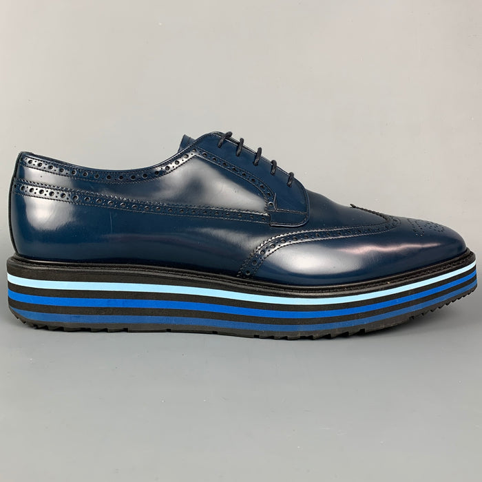 PRADA Size 13 Navy & Blue Perforated Leather Platform Lace Up Shoes