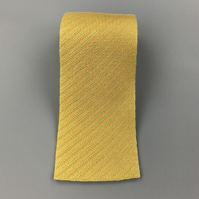 HERMES Muted Mustard & Orange Diagonal Striped Woven Silk Tie