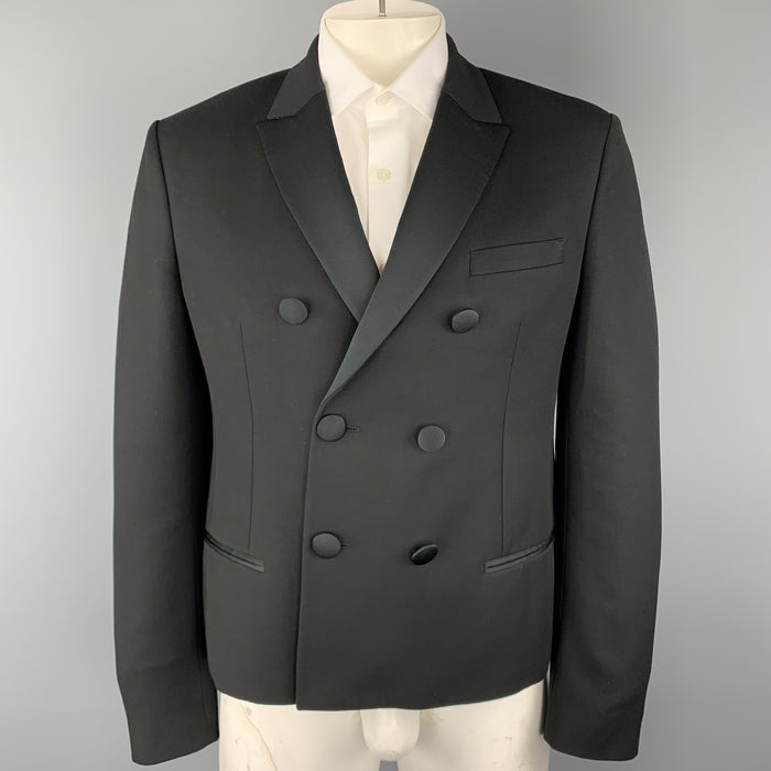 NEIL BARRETT Size 42 Black Satin Peak Lapel Double Breasted Sport Coat