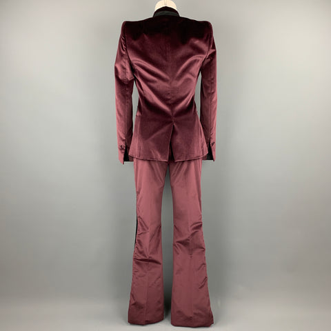 JUST CAVALLI Size 4 Burgundy & Black Velvet Pants Tuxedo Suit