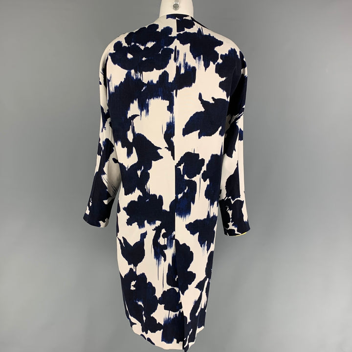 DELPOZO Size 6 Navy White Viscose Abstract Floral Wool Collarless Coat