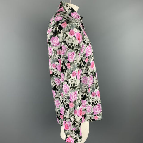 TED BAKER Size XL Black & Pink Floral Cotton Button Up Long Sleeve Shirt