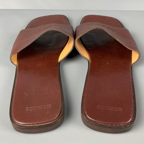 HERMES Size 12 Brown Perforated Leather Slip On Sandals