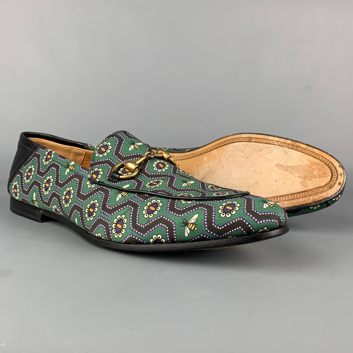 GUCCI Brixton Size 9 Green & Black Bee Print Canvas Slip On Loafers