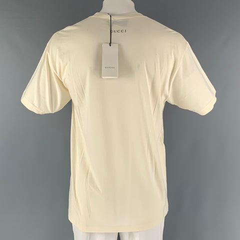 GUCCI Size M Beige Red Embroidery Cotton Crew-Neck T-shirt