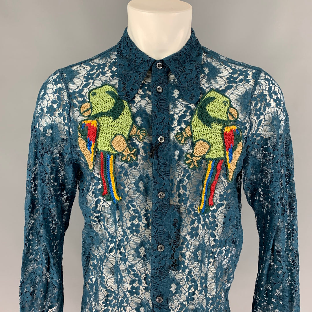 GUCCI S/S 16 Talla L Camisa de manga larga en mezcla de poliamida bordada con encaje transparente verde azulado
