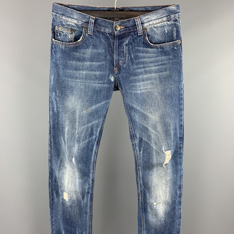 JUST CAVALLI Size 31 Indigo Distressed Denim Button Fly Low Rise Jeans