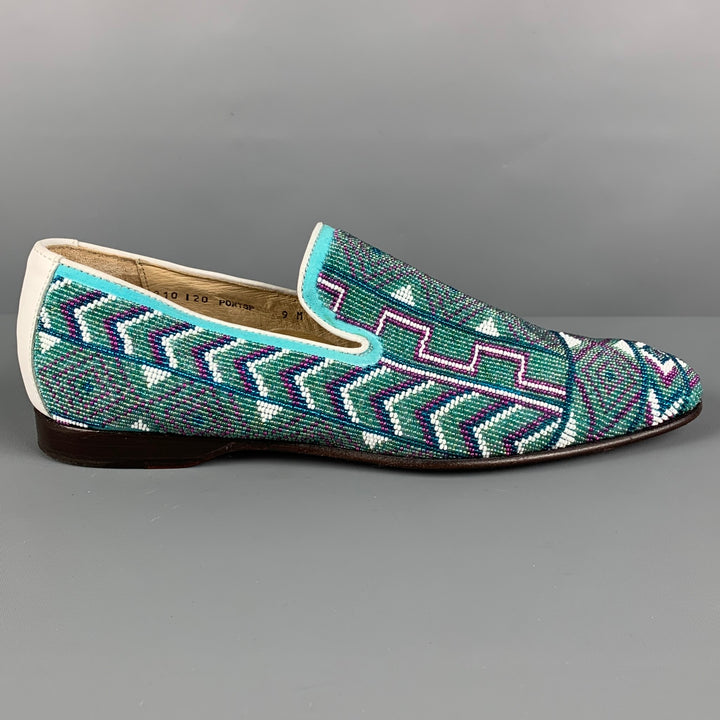 DONALD J PLINER Size 9 Turquoise Purple Beaded Leather Slip On Loafers
