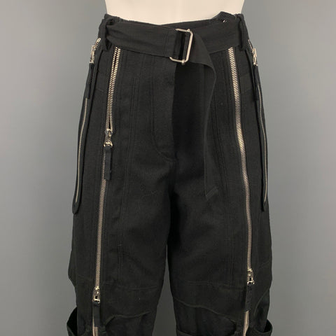 DRIES VAN NOTEN Taille 4 Pantalon décontracté court en laine / coton noir avec ceinture