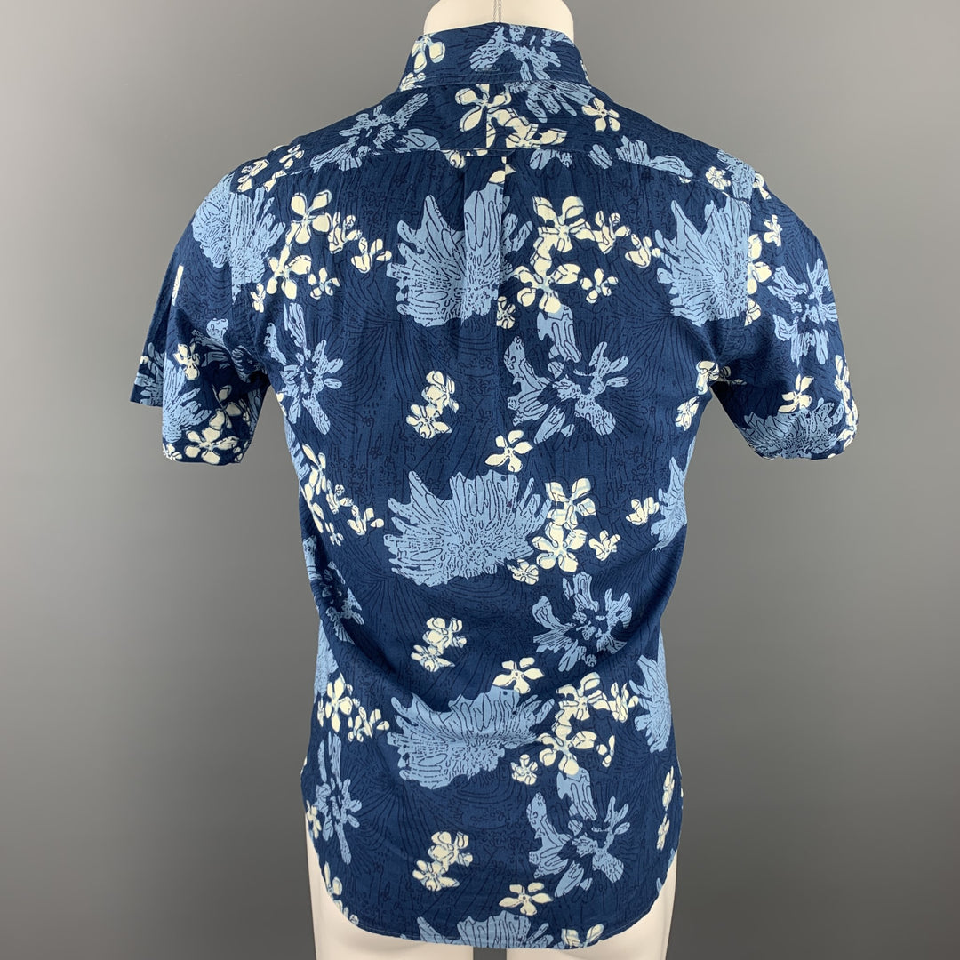 J. PRESS Size S Navy Print Cotton Button Down Short Sleeve Shirt