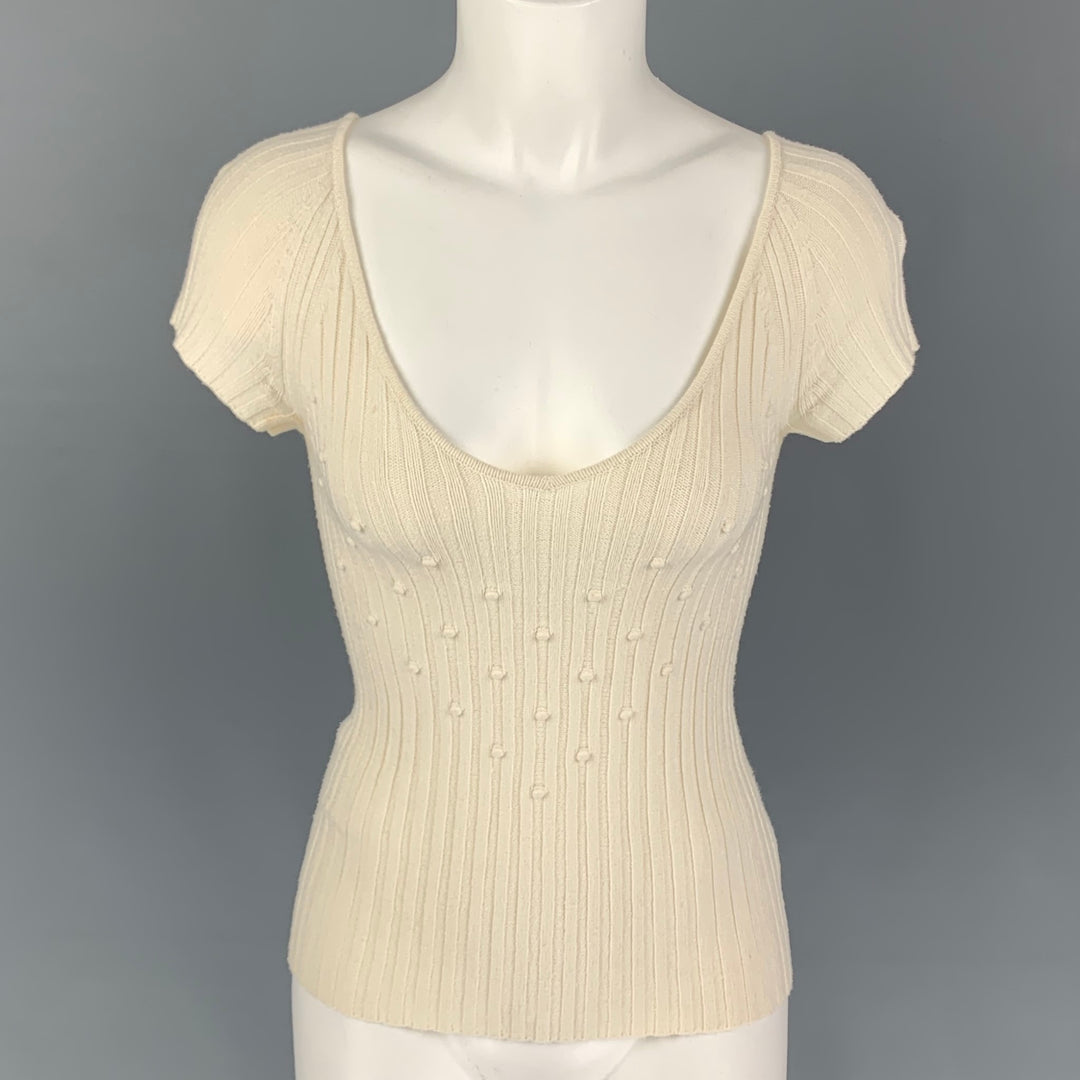 VALENTINO Size S Cream Viscose Polyester Ribbed Cap Sleeves Top