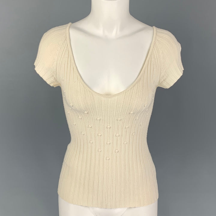 VALENTINO Size S Cream Viscose Polyester Ribbed Cap Sleeves Top