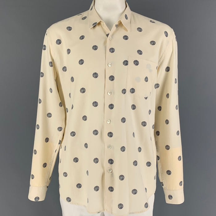 OUR LEGACY Size XL Off White Navy Print Cotton Wool Long Sleeve Shirt
