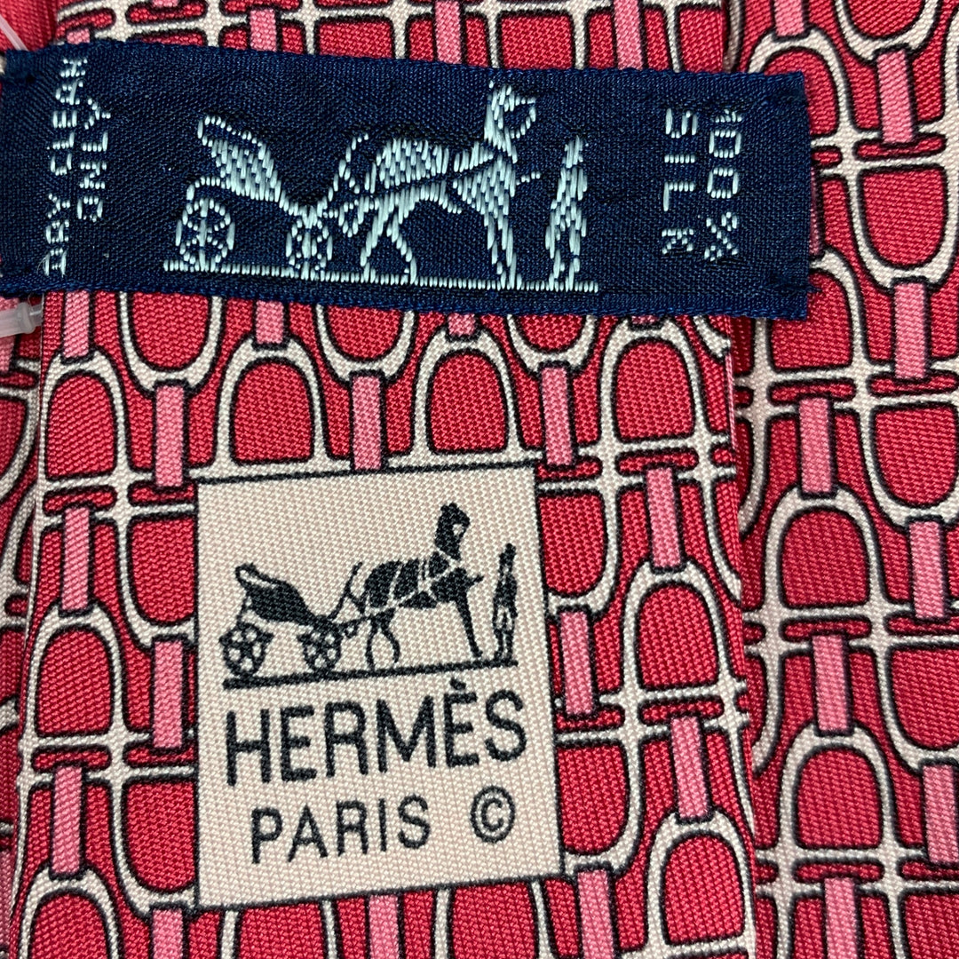 HERMES Pink White Equestrian Silk Tie