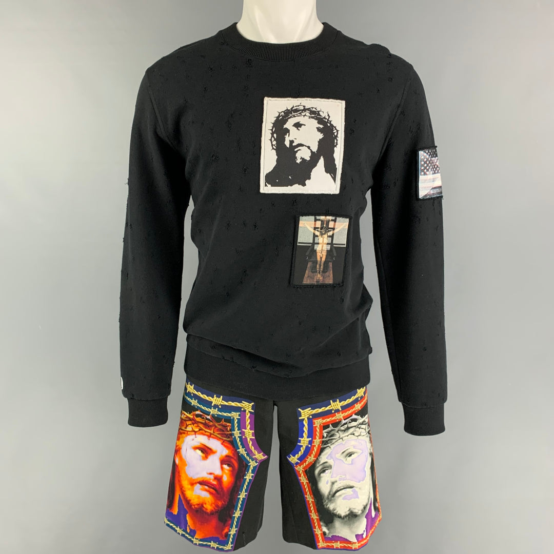 GIVENCHY par Ricardo Tisci Taille S/M Ensemble court et sweat-shirt surdimensionné en coton patchwork Jesus noir