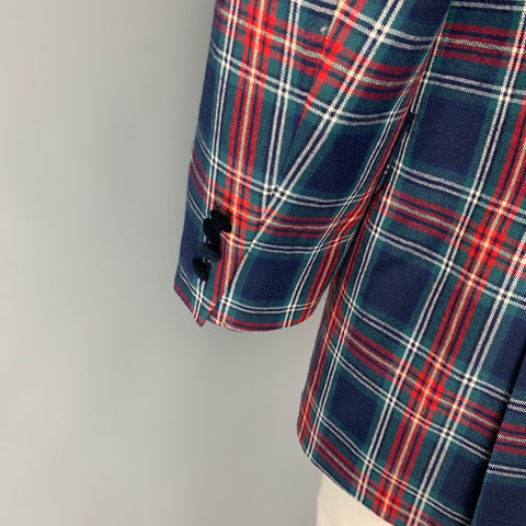 PAUL FREDERICK Size 46 Navy Red Green Plaid Wool Shawl Collar Sport Coat
