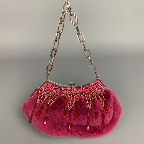 BADGLEY MISCHKA Purple & Silver Beaded Rhinestones Fur Handbag