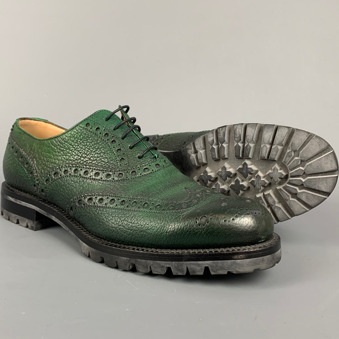 BALLY Bindy Size 10 Green Perforated Leather Wingtip Lace Up Shoes