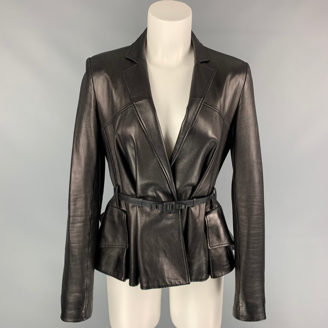 CHRISTIAN DIOR Size 6 Black Leather Belted Flare Jacket