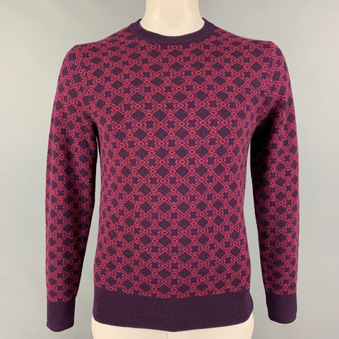 MR TURK Talla M Suéter con cuello redondo de lana merino geométrica rosa púrpura