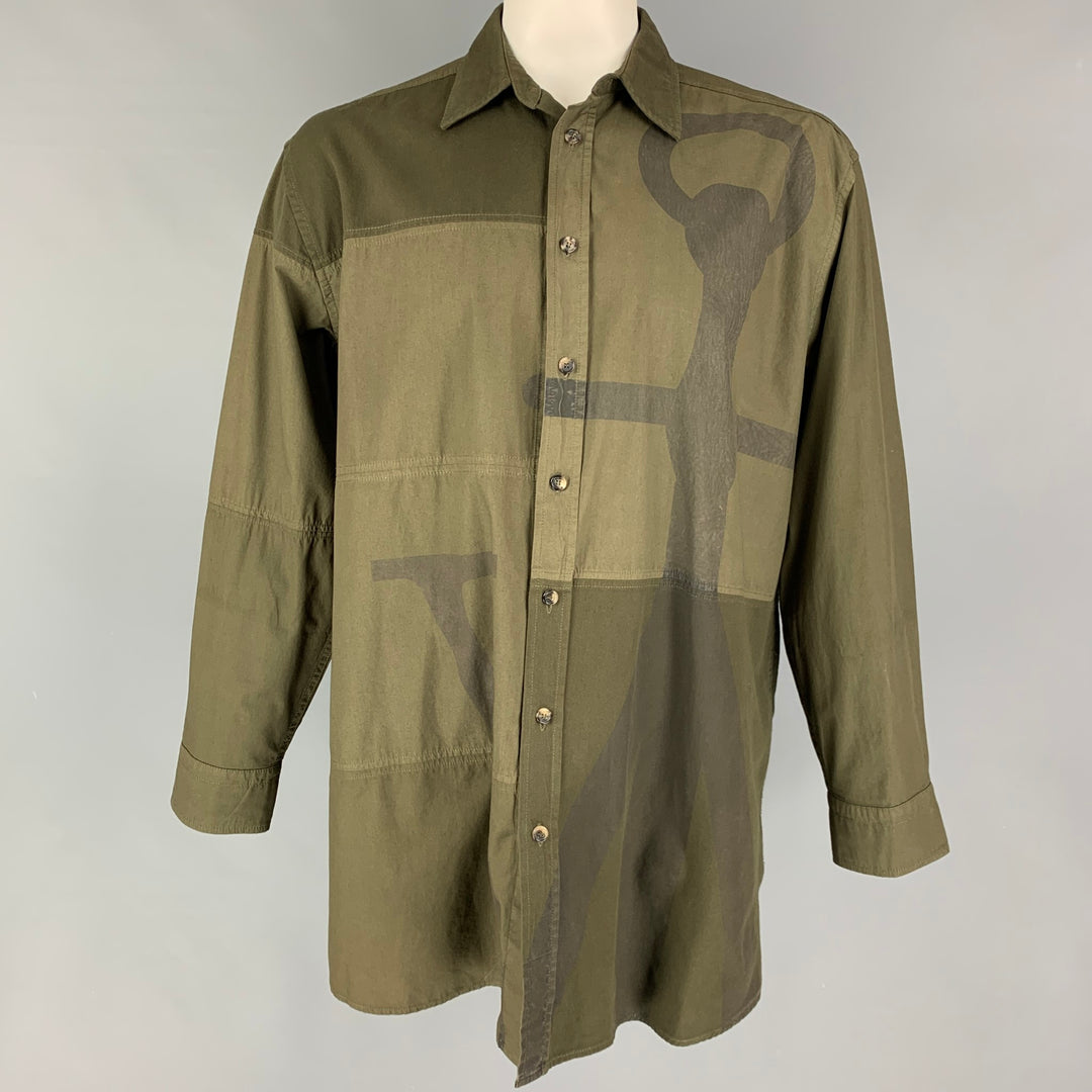 JWANDERSON Talla M Camisa extragrande de manga larga de algodón con patchwork verde oliva