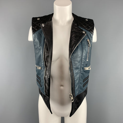 BALENCIAGA Size 8 Black & Teal Blue Quilted Leather Biker Vest