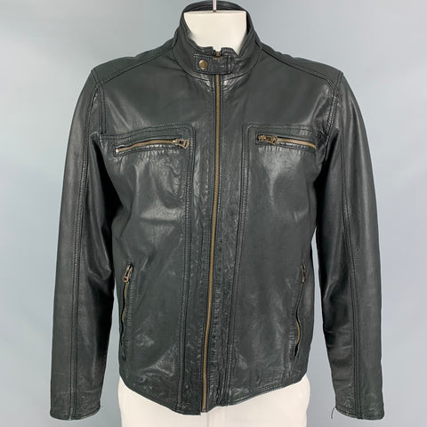 COLE HAAN Size L Black Leather Zip Up Jacket