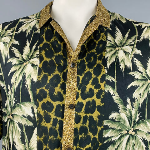 DRIES VAN NOTEN Taille XL Chemise à manches courtes en viscose imprimé vert noir