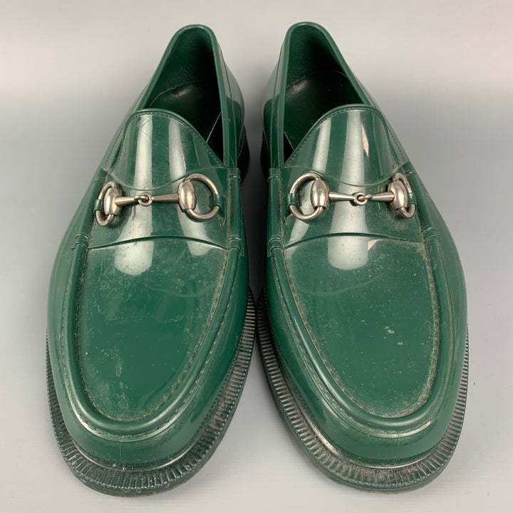 GUCCI Size 8 Green Rubber Horsebit Slip On Loafers