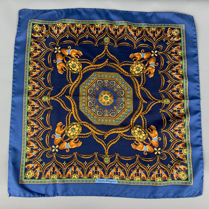SALVATORE FERRAGAMO Navy Gold Print Pocket Square