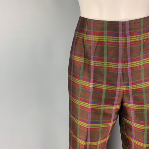 vintage MARIA LUISA B Taille 6 Marron Multi-Color Silk Plaid Side Zipper Robe Pantalon