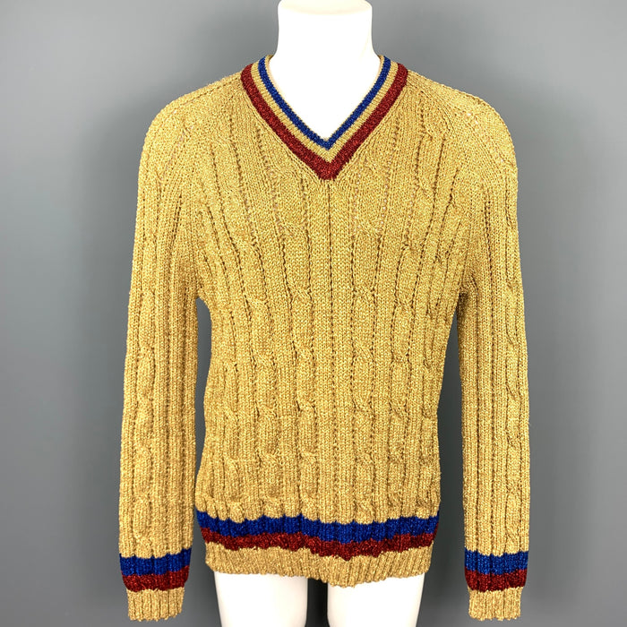 GUCCI Size XL Gold Metallic Fiber Blend Cable Knit V-Neck Sweater