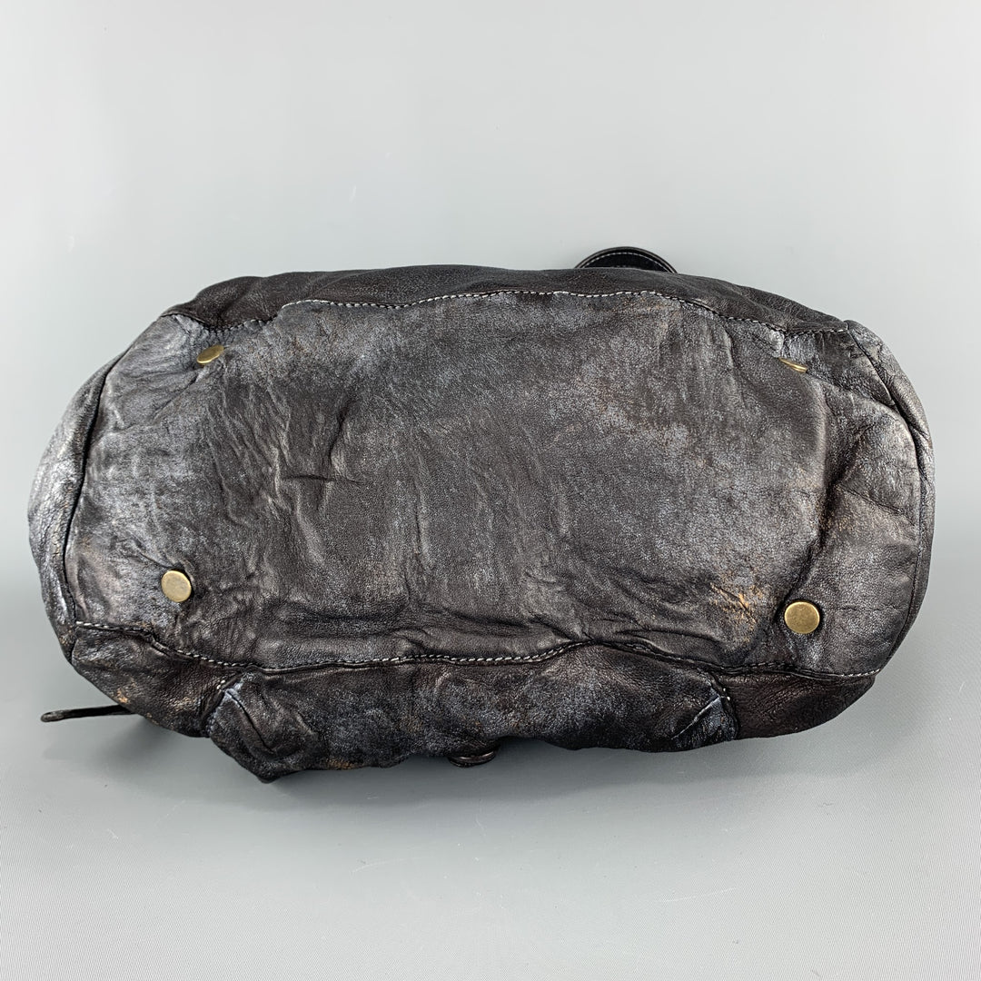 GIORGIO BRATO Distressed Gunmetal Metallic Leather Satchel Handbag