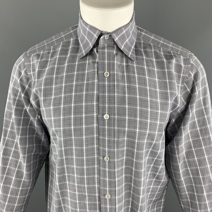 TOM FORD Size M Blue & Grey Plaid Cotton Pointed Collar Button Up Long Sleeve Shirt