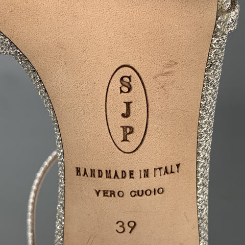 SJP Size 9 Silver Metallic Fabric T- Strap Carrie Pumps