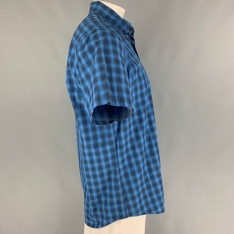 STEVEN ALAN Size L Blue Black Plaid Ottoman Button Down Short Sleeve Shirt