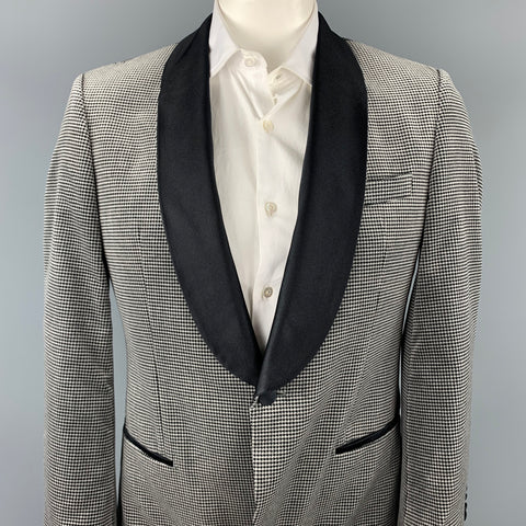 HUGO BOSS Tailored Size 42 Grey & Black Houndstooth Cotton Velvet Shawl Lapel Sport Coat