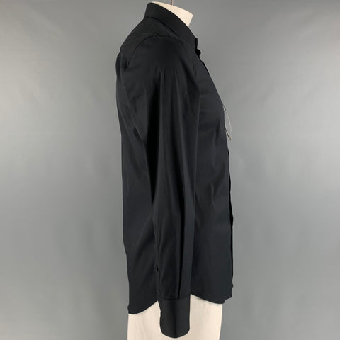EMPORIO ARMANI Size L Black Solid Cotton Polyamide Button Up Long Sleeve Shirt