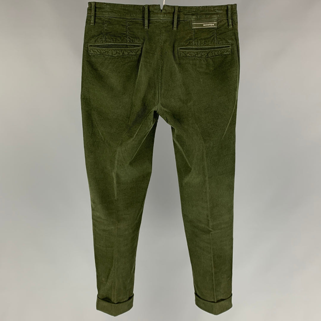 INCOTEX Size 29 Green Corduroy Cotton / Polyurethane Cuffed Casual Pants