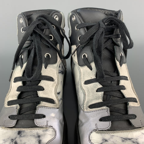 BALENCIAGA Size 10 Gray Print Marble Leather Reflective High Top Sneakers