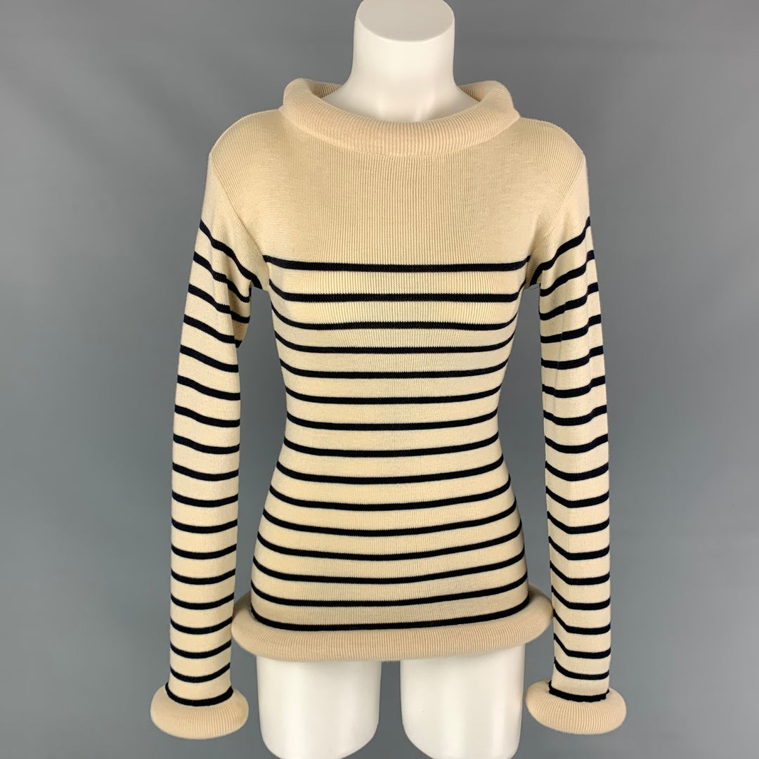 Vintage JEAN PAUL GAULTIER Size M Beige & Navy Stripe Wool / Cotton Tube Collar Cuffs Sweater