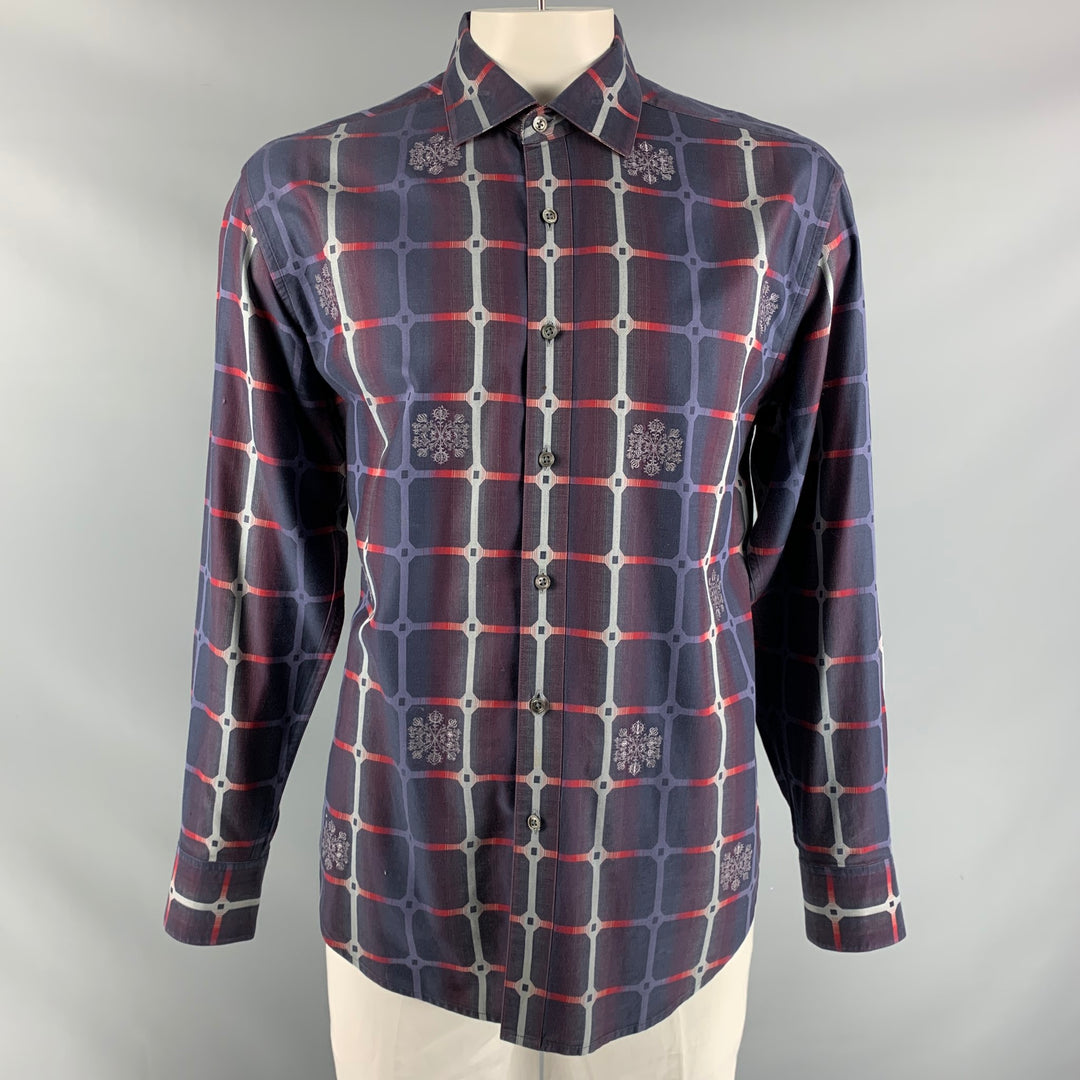 ROBERT GRAHAM Talla XL Camisa de manga larga con botones de algodón a cuadros morado, gris y rojo