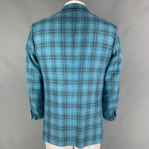 KITON Size 44 Aqua Grey Plaid Cashmere Blend Notch Lapel Sport Coat