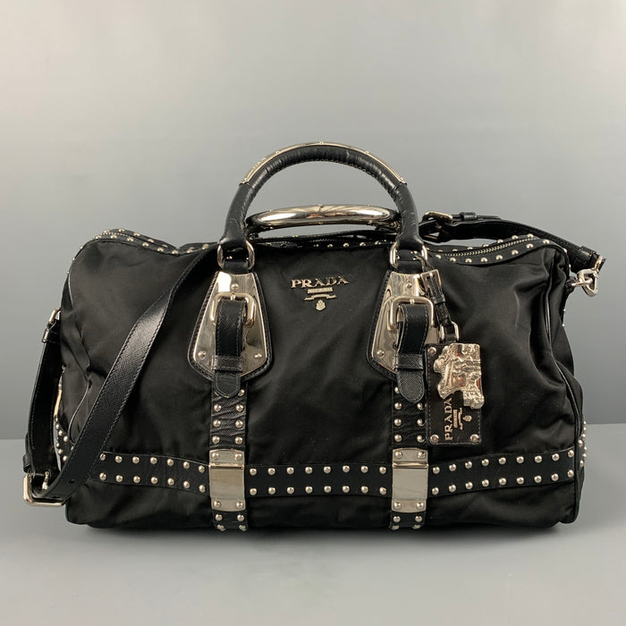 PRADA Black Studded Leather Trim Nylon Duffle Bags