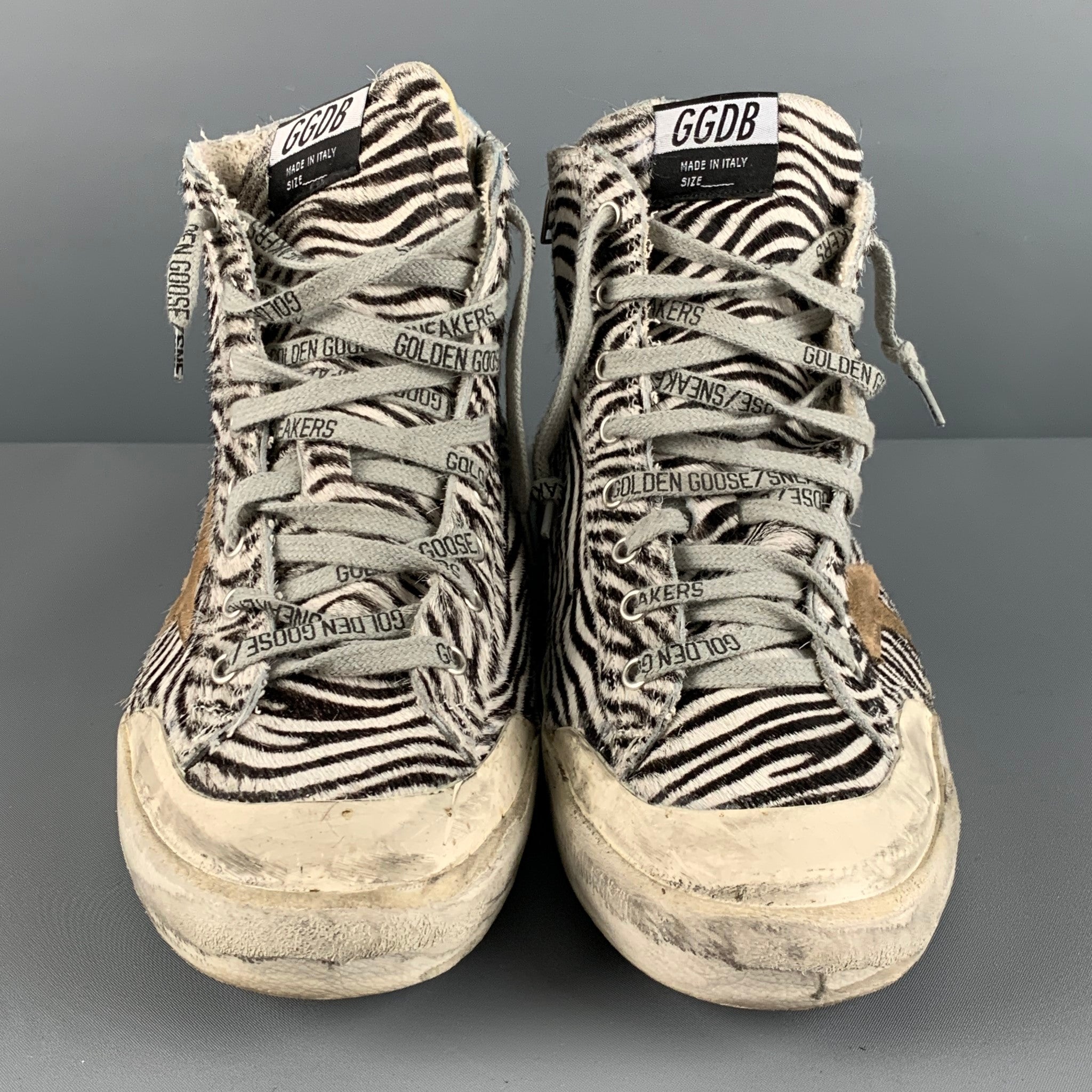 GOLDEN GOOSE Size 11 Beige Brown Zebra High Top Sneakers