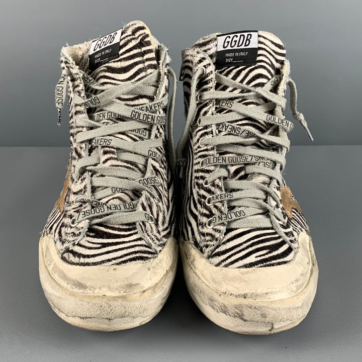 GOLDEN GOOSE Size 11 Beige Brown Zebra High Top Sneakers